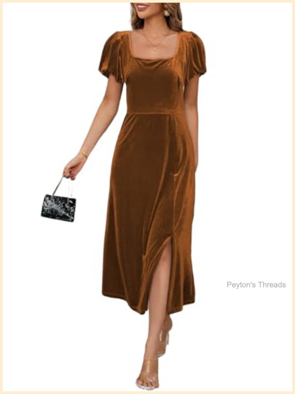 Women's Velvet Midi Dress Square Neck Short Sleeve Side Slit A-Line Party